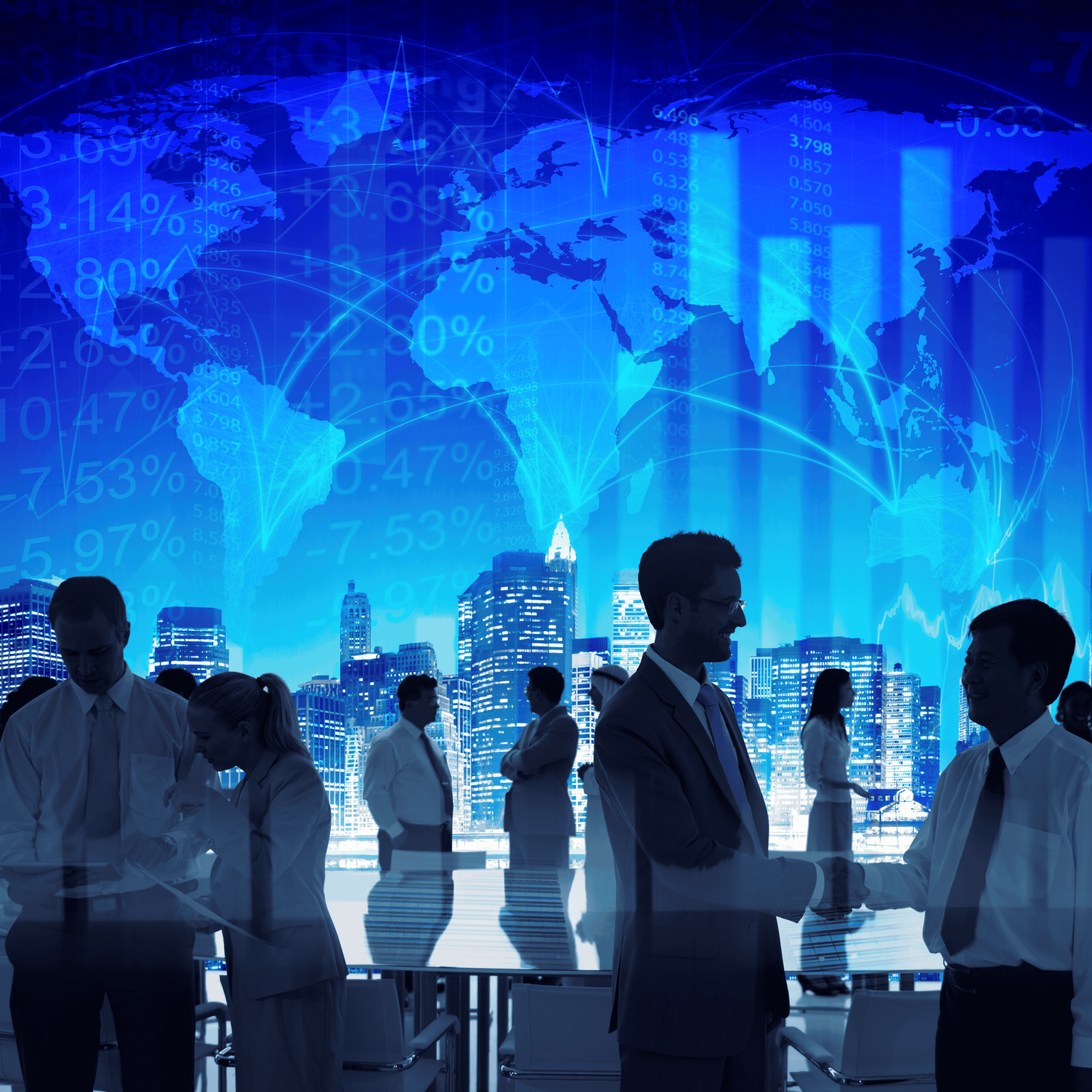 Business professionals collaborate in front of an illuminated digital world map displaying global data metrics and percentages, with two executives shaking hands in the foreground symbolizing international partnership against a glowing city skyline backdrop.